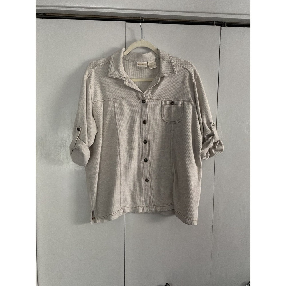 Bobbie Brooks Beige Button Down Convertible 3/4 Sleeves Ribbed Size L 23x23